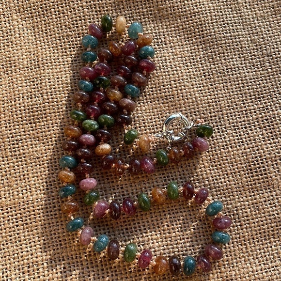 Natural Stone Rondelle Colorful Tourmaline knotted Necklace Handmade New - Picture 10 of 13